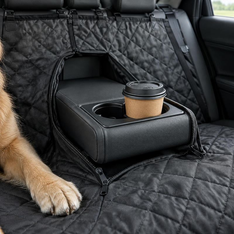 Armrest and cup holders in use through the DefendSeat cover